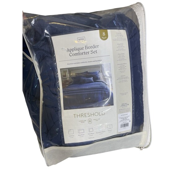 8pc Queen Applique Border Comforter Set Navy/Blue - Threshold: Embroidered, - Picture 3 of 6
